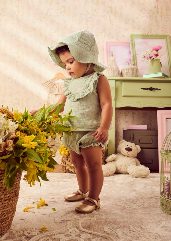 Ruched Green Set with Floral Embroidery