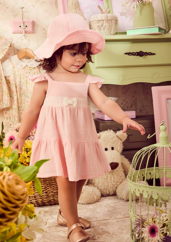 Pink Ruched Dress with Lace Bow