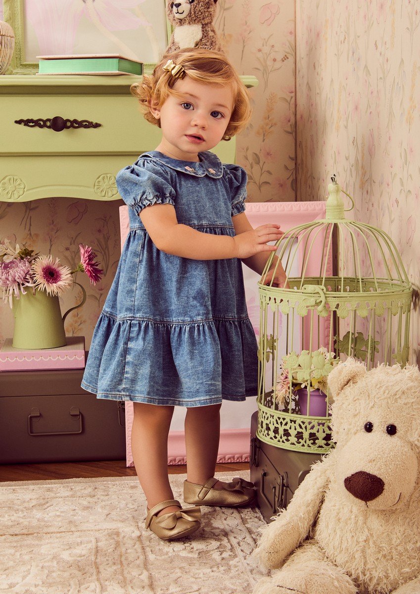 Denim Dress with Flower Embroidery on the Collar