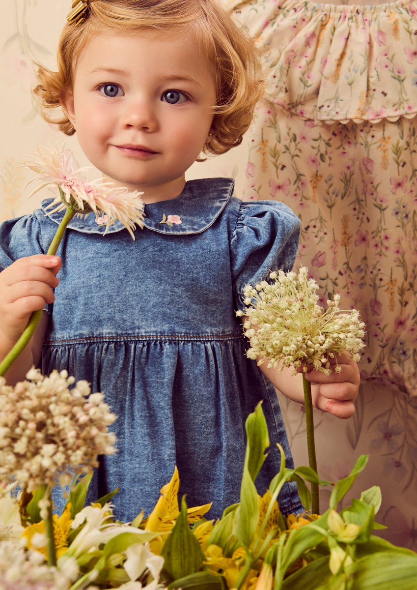 Denim Dress with Flower Embroidery on the Collar