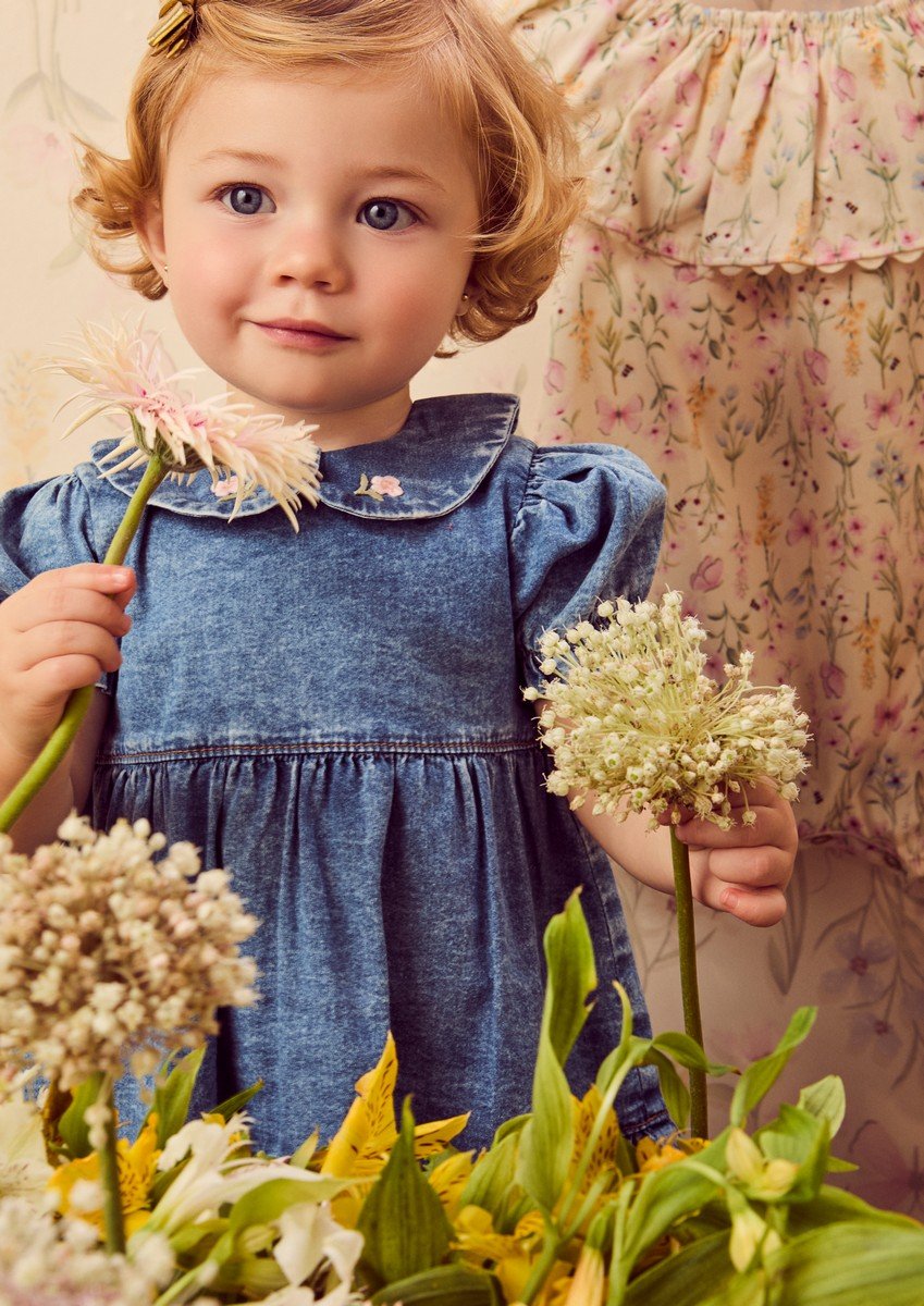 Denim Dress with Flower Embroidery on the Collar
