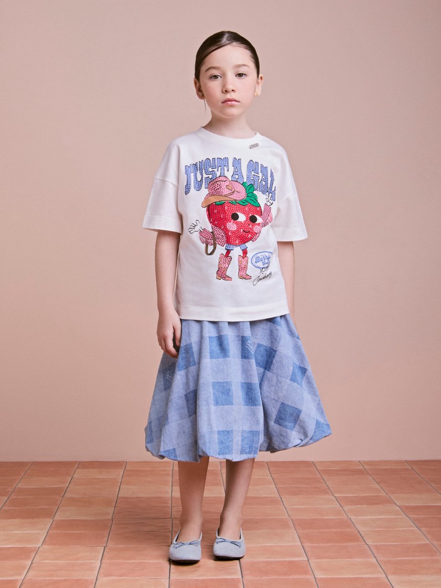Vichy Denim Skirt with Strawberry Pendant