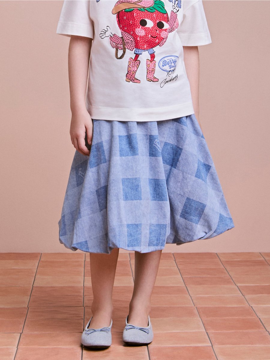 Vichy Denim Skirt with Strawberry Pendant