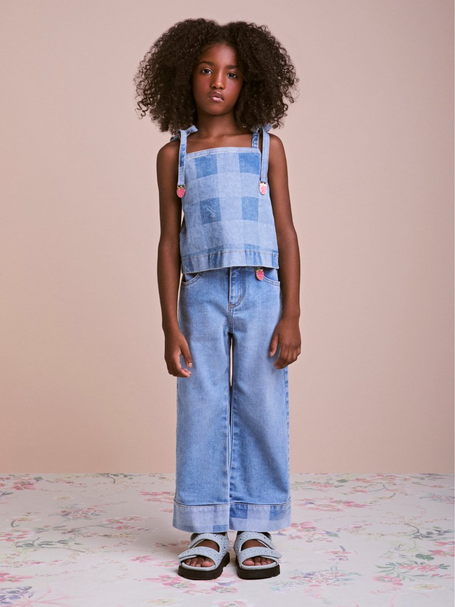Vichy Denim Top with Strawberry Pendants