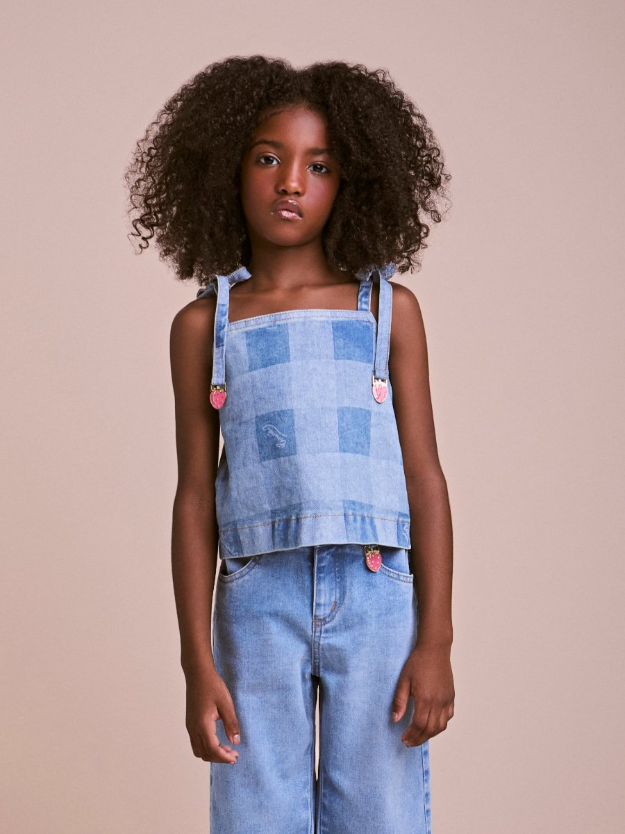 Vichy Denim Top with Strawberry Pendants