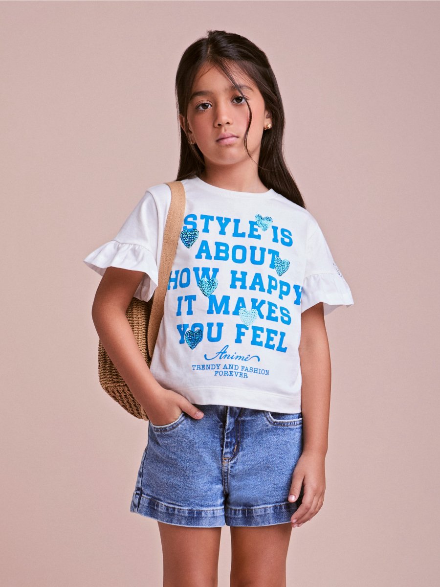 Off Blouse with Lettering and Sequins