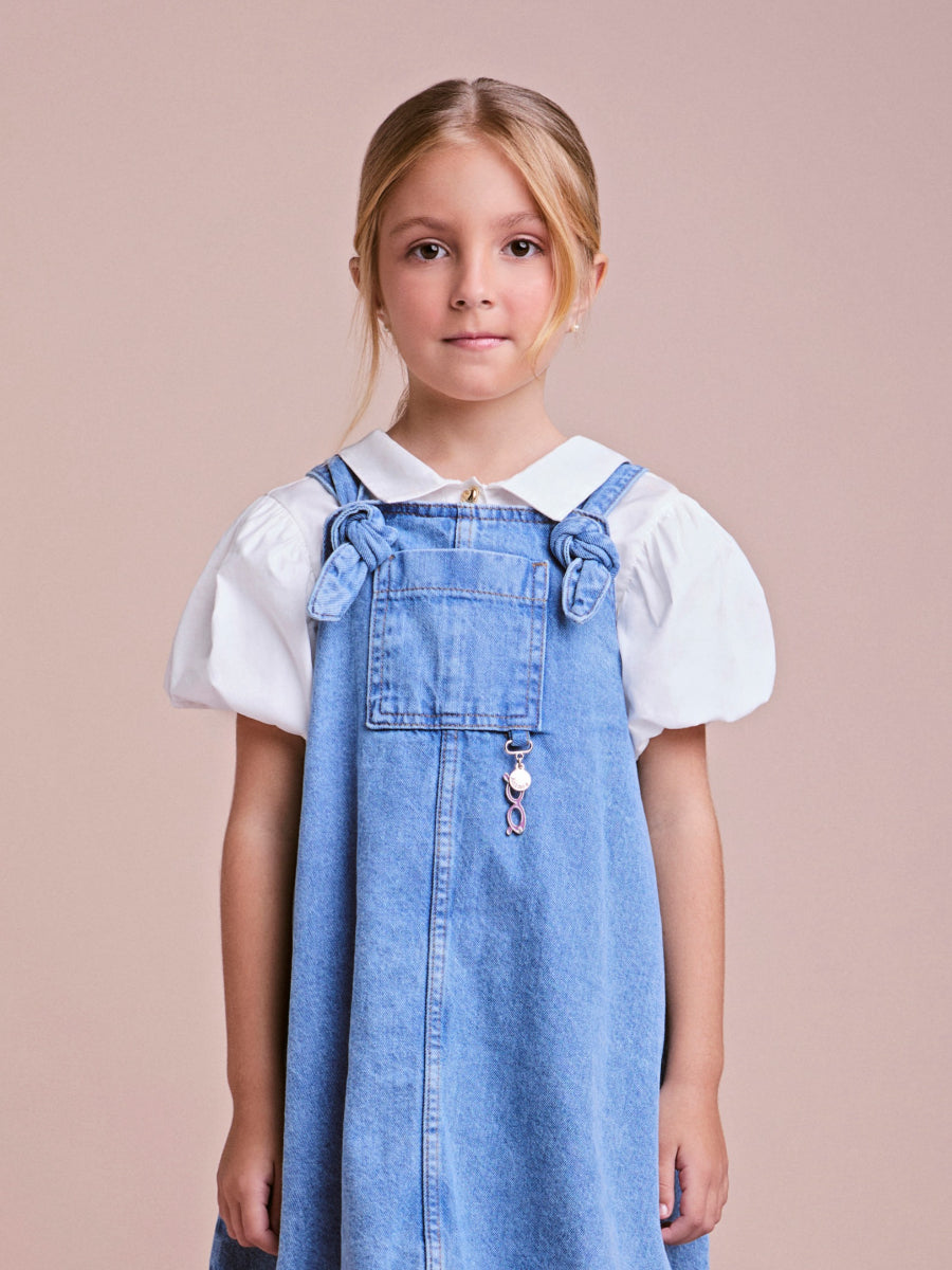 Jeans Salopete with Pocket and Glasses Pendant