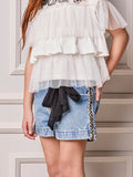 Girls' Anime Jeans Shorts with Maxi Tulle Bow