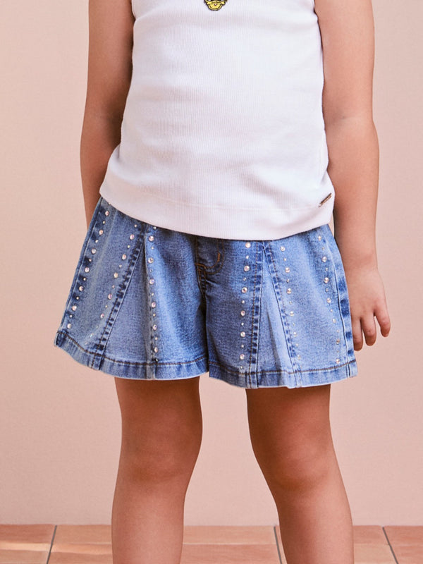 Jeans Shorts with Cutouts and Rhinestones