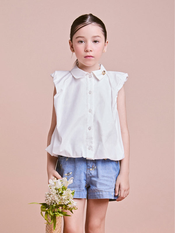 Off White Balloon Shirt with Bee Brooch