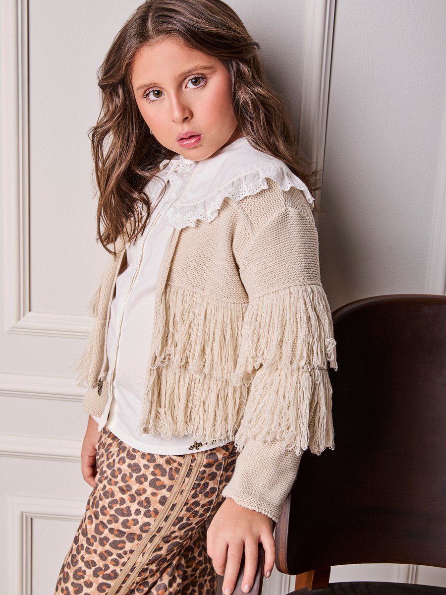 Children's Animé Knitted Cardigan with Fringe and Bow with Tips
