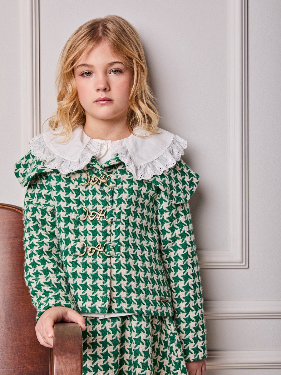 Children's Anime Girl's Pied-de-Poule Tweed Coat with Maxi Collar