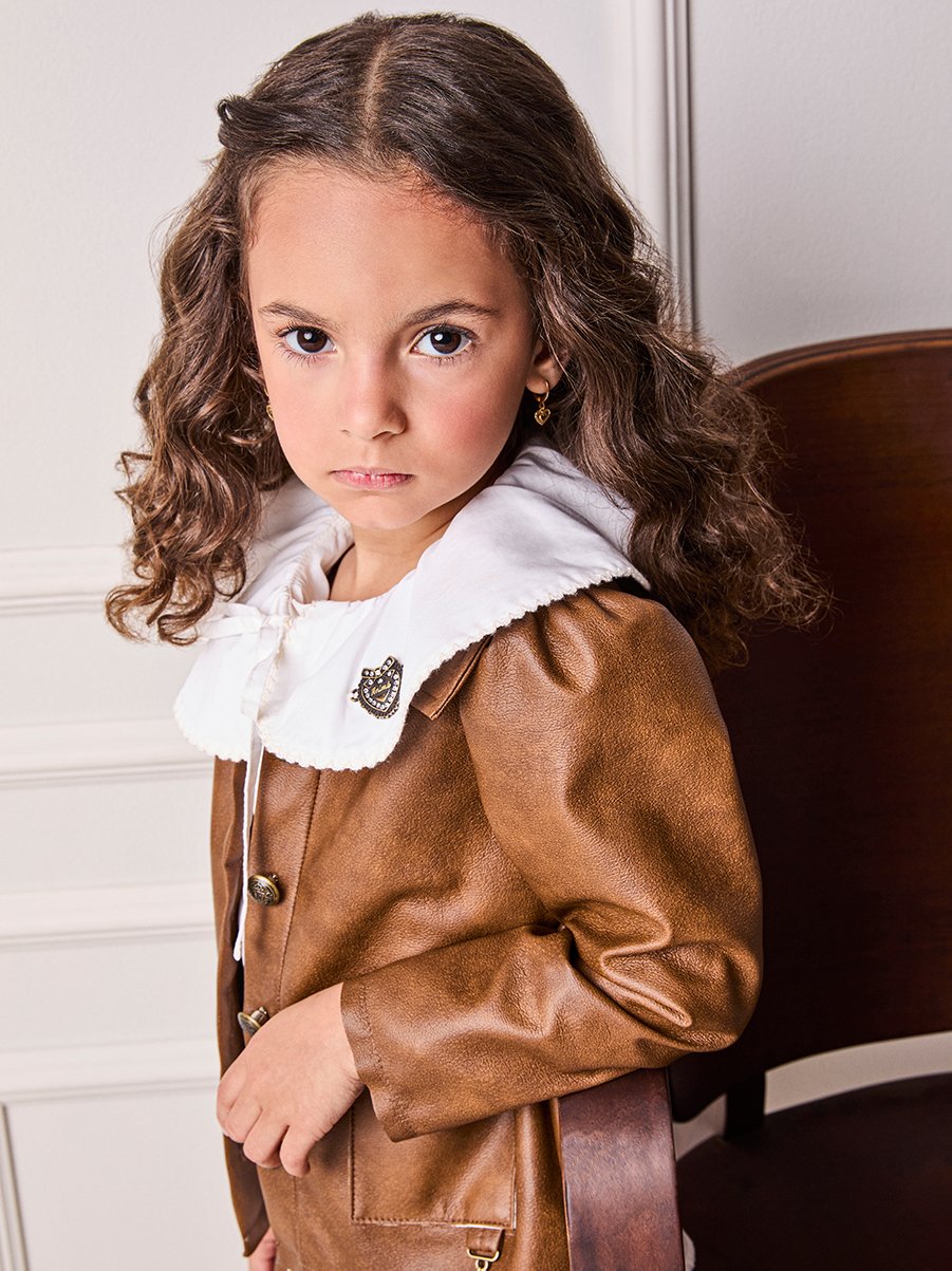 Animê Girls' Jacket – Faux Leather Jacket with Gathered Sleeves and Charm