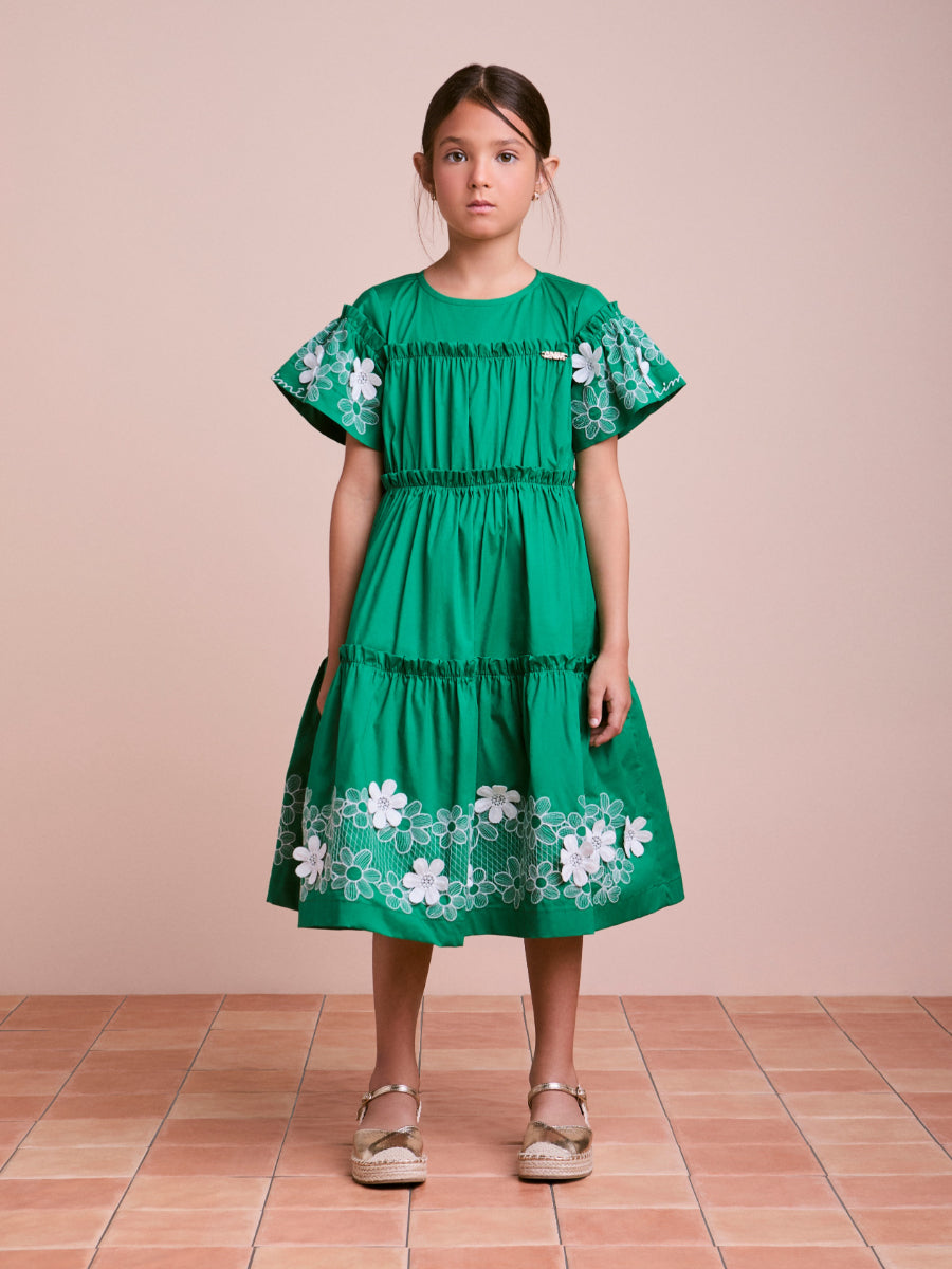 Children's Tricoline Dress with Embroidered Flowers
