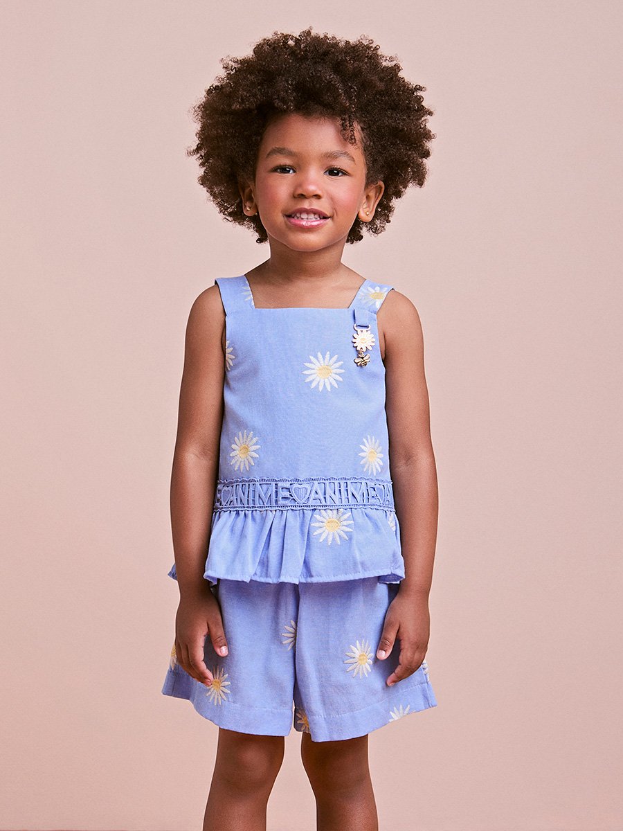 Blue Set with Embroidered Daisies