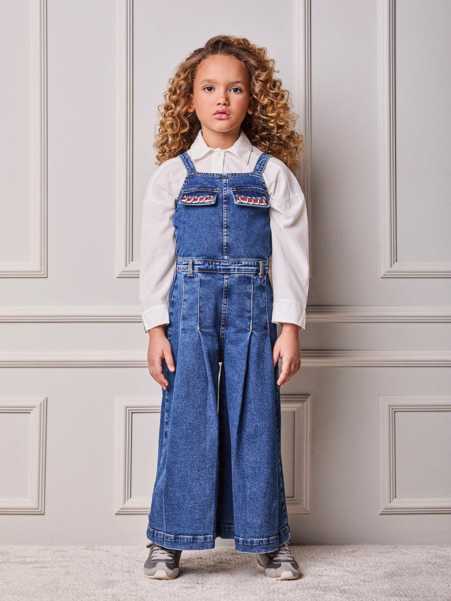 Girls' Anime Jeans Jumpsuit with Pleats and Cherry Cord
