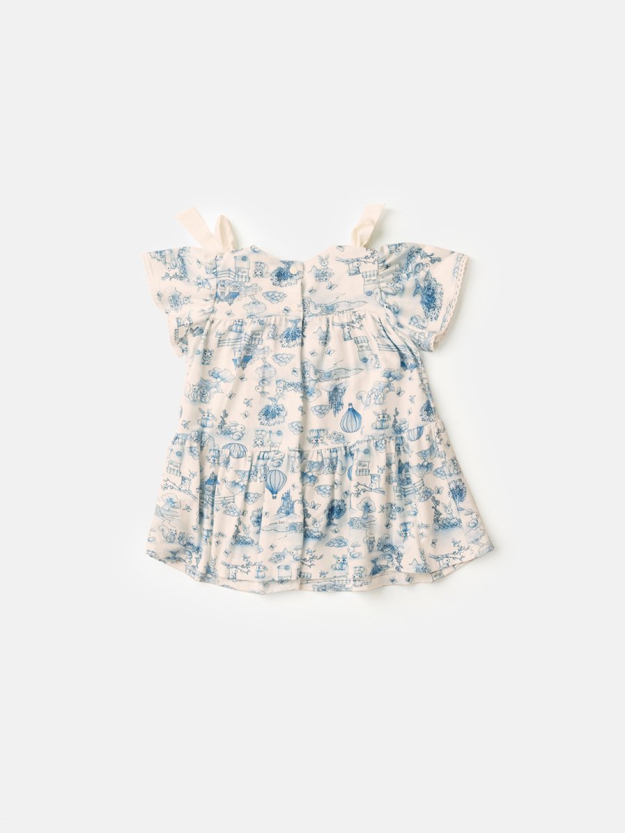 Blue Printed Children's Dress with Bows