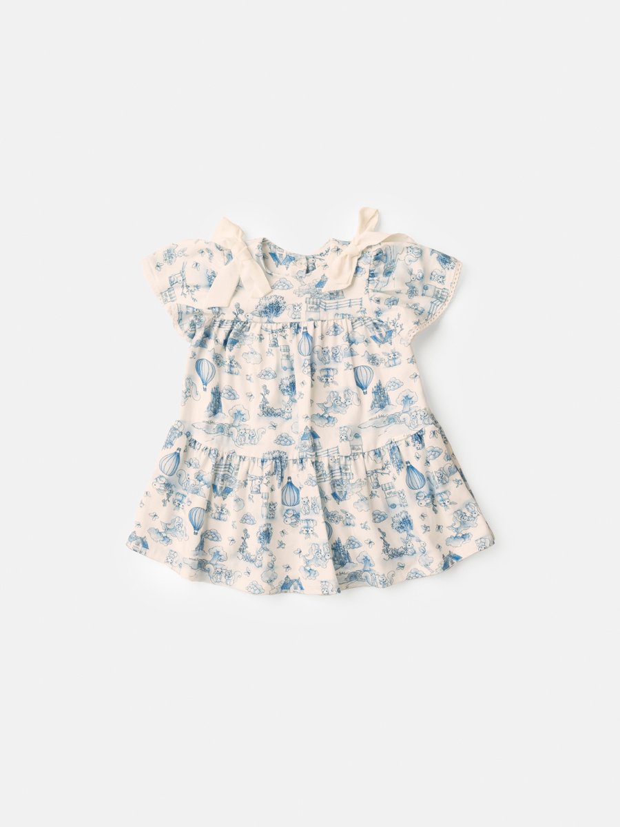 Blue Printed Children's Dress with Bows