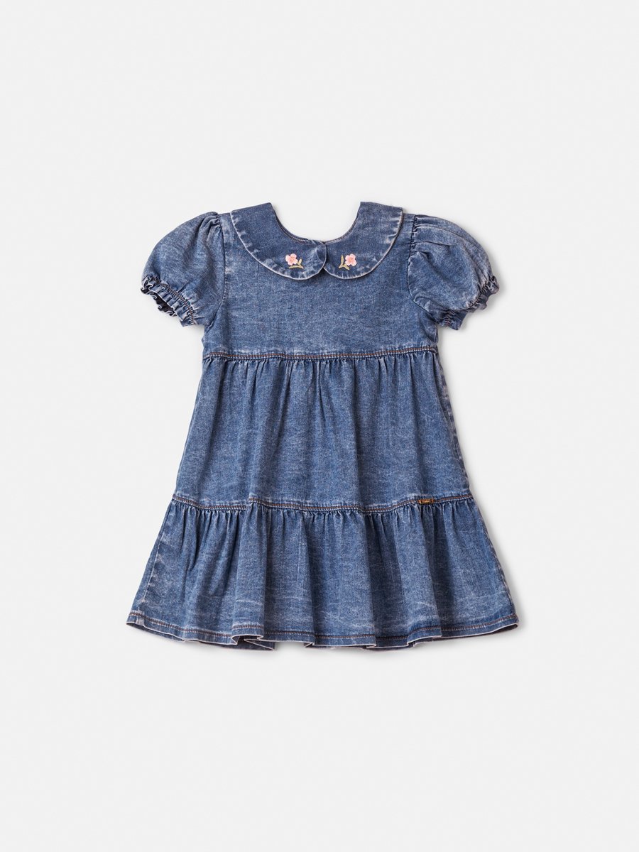 Denim Dress with Flower Embroidery on the Collar