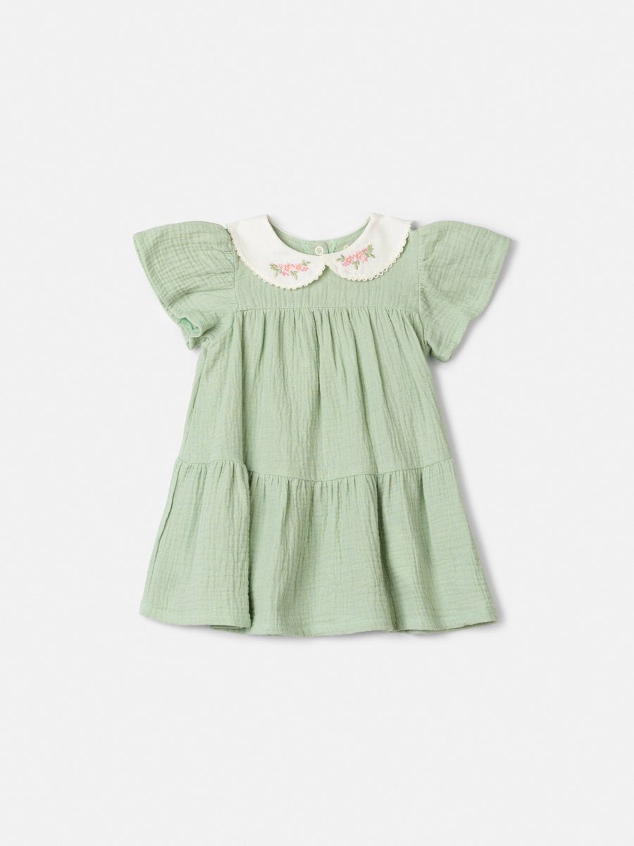 Green Ruched Dress with Collar