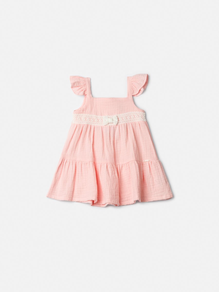 Pink Ruched Dress with Lace Bow