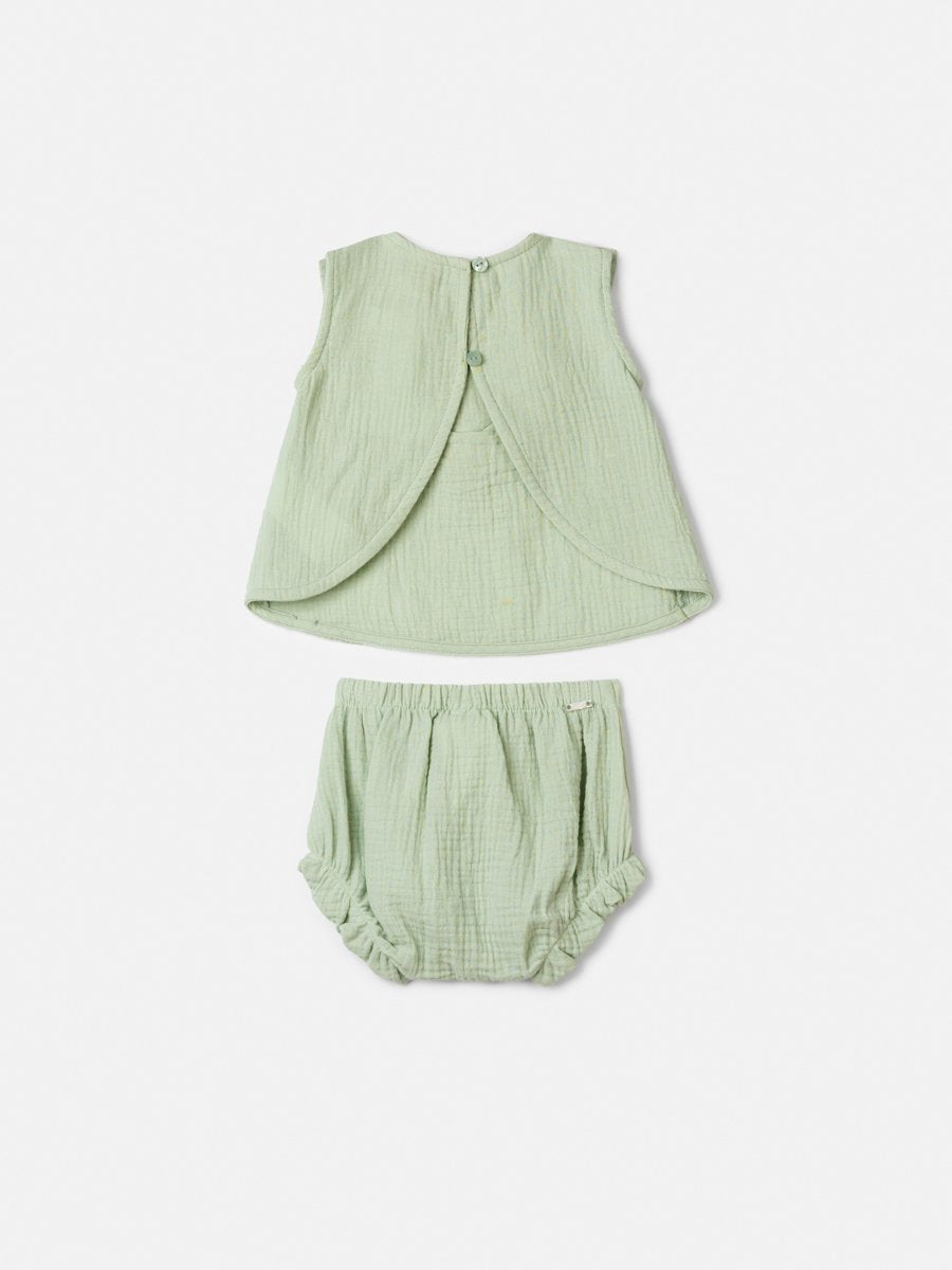 Ruched Green Set with Floral Embroidery