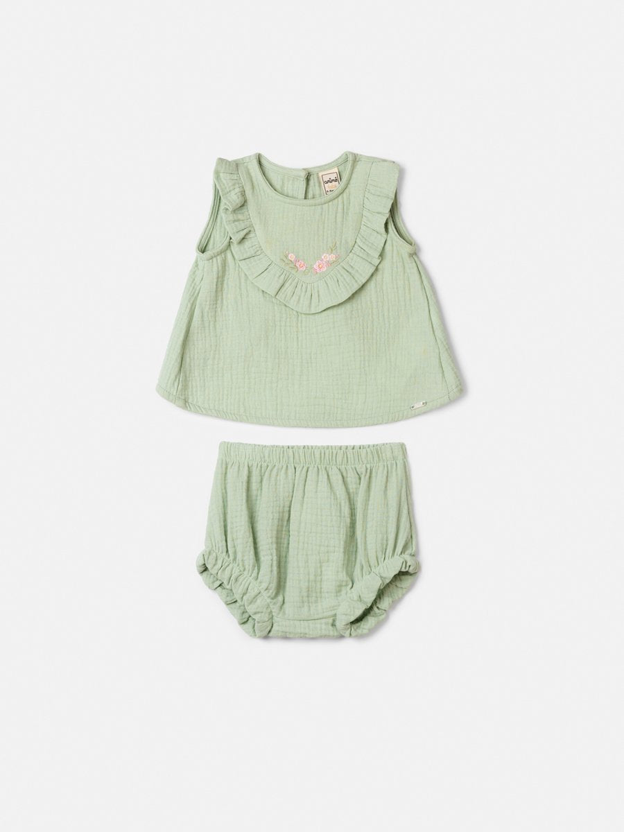 Ruched Green Set with Floral Embroidery