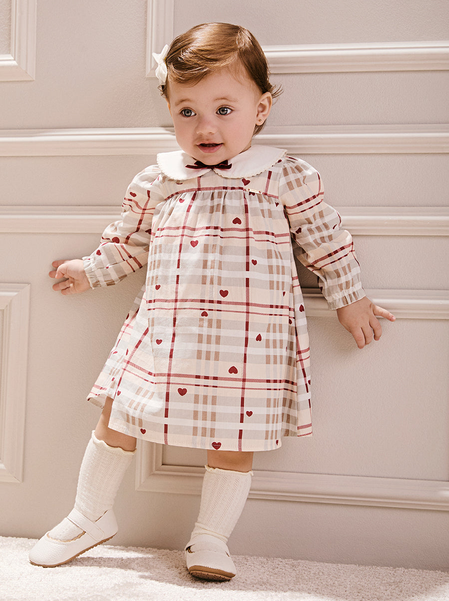 Children's Anime Checkered Girl Dress with Doll Collar and Velvet Bow