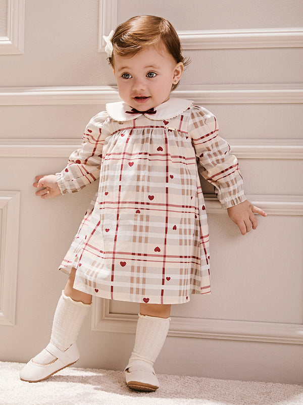 Children's Anime Checkered Girl Dress with Doll Collar and Velvet Bow