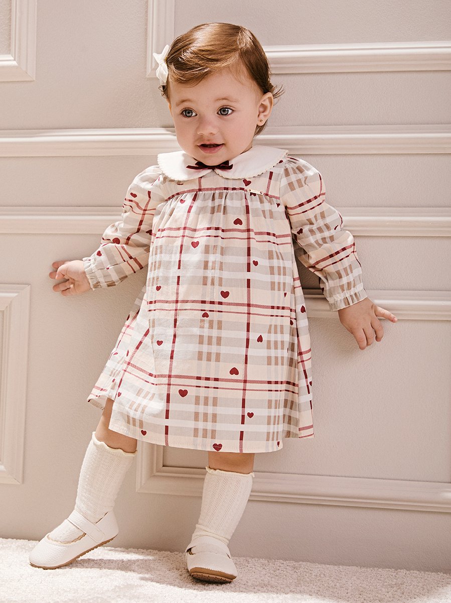Children's Anime Checkered Girl Dress with Doll Collar and Velvet Bow