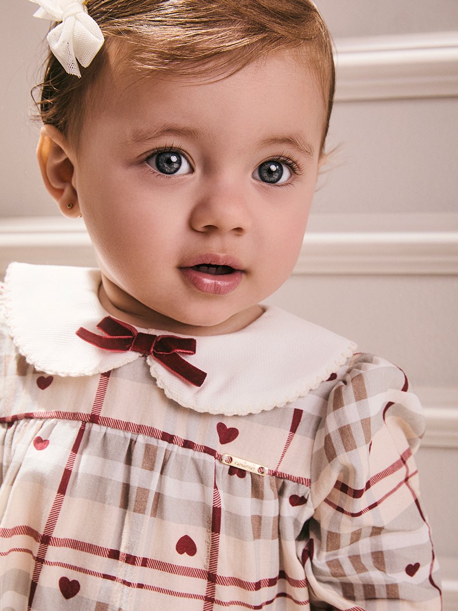 Children's Anime Checkered Girl Dress with Doll Collar and Velvet Bow