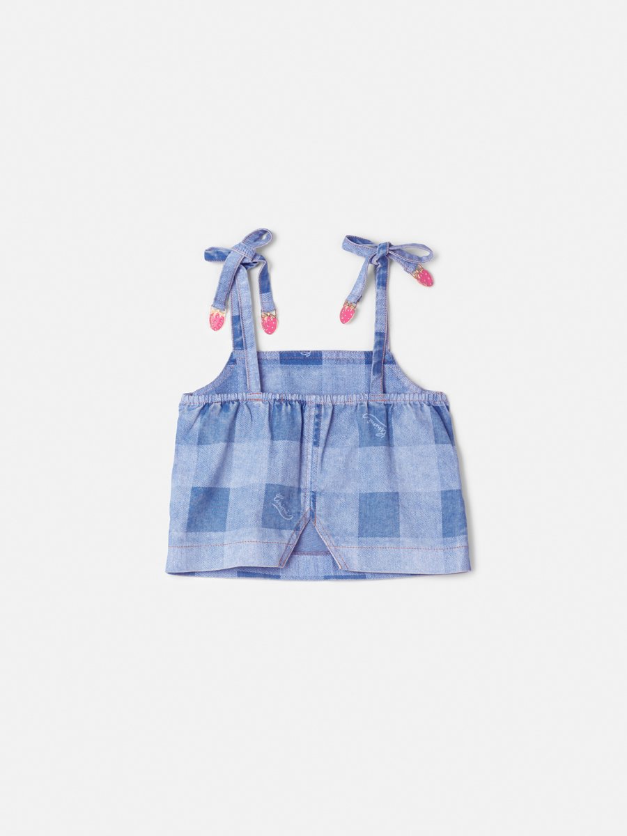 Vichy Denim Top with Strawberry Pendants