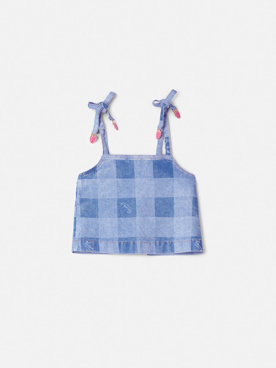 Vichy Denim Top with Strawberry Pendants