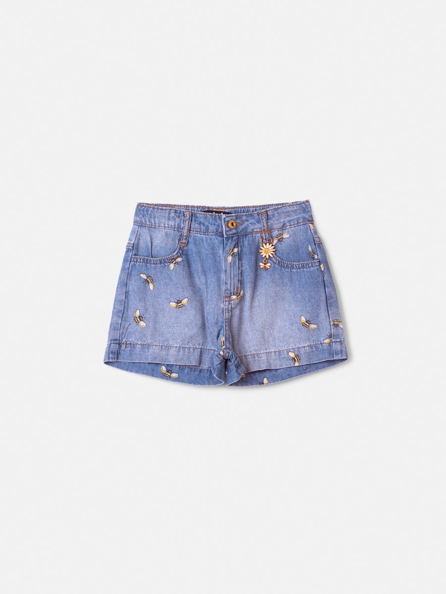 Blue Jeans Shorts with Bee Embroidery