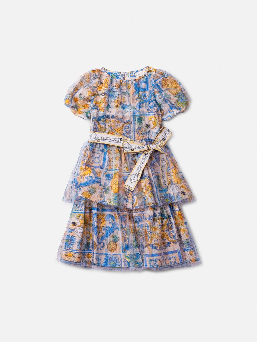 Printed Tulle Dress with Sash