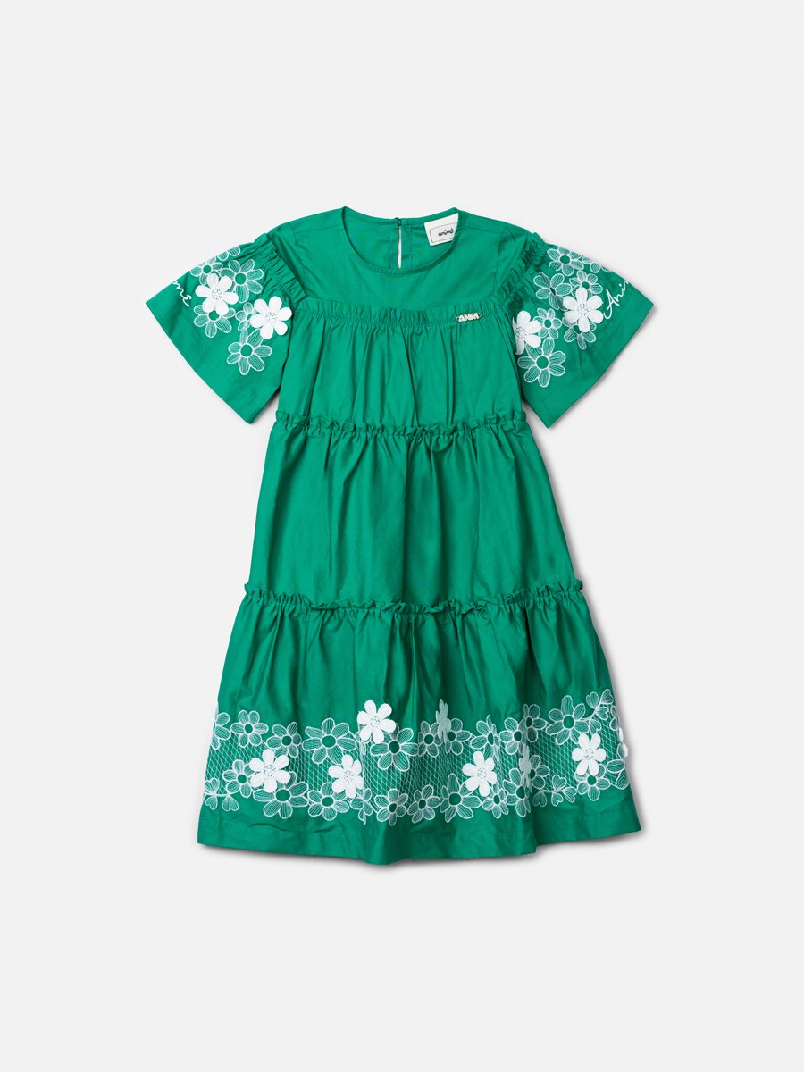 Children's Tricoline Dress with Embroidered Flowers