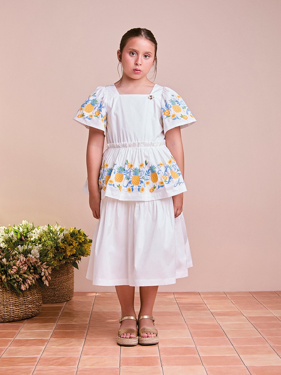 White Dress with Tropical Embroidery