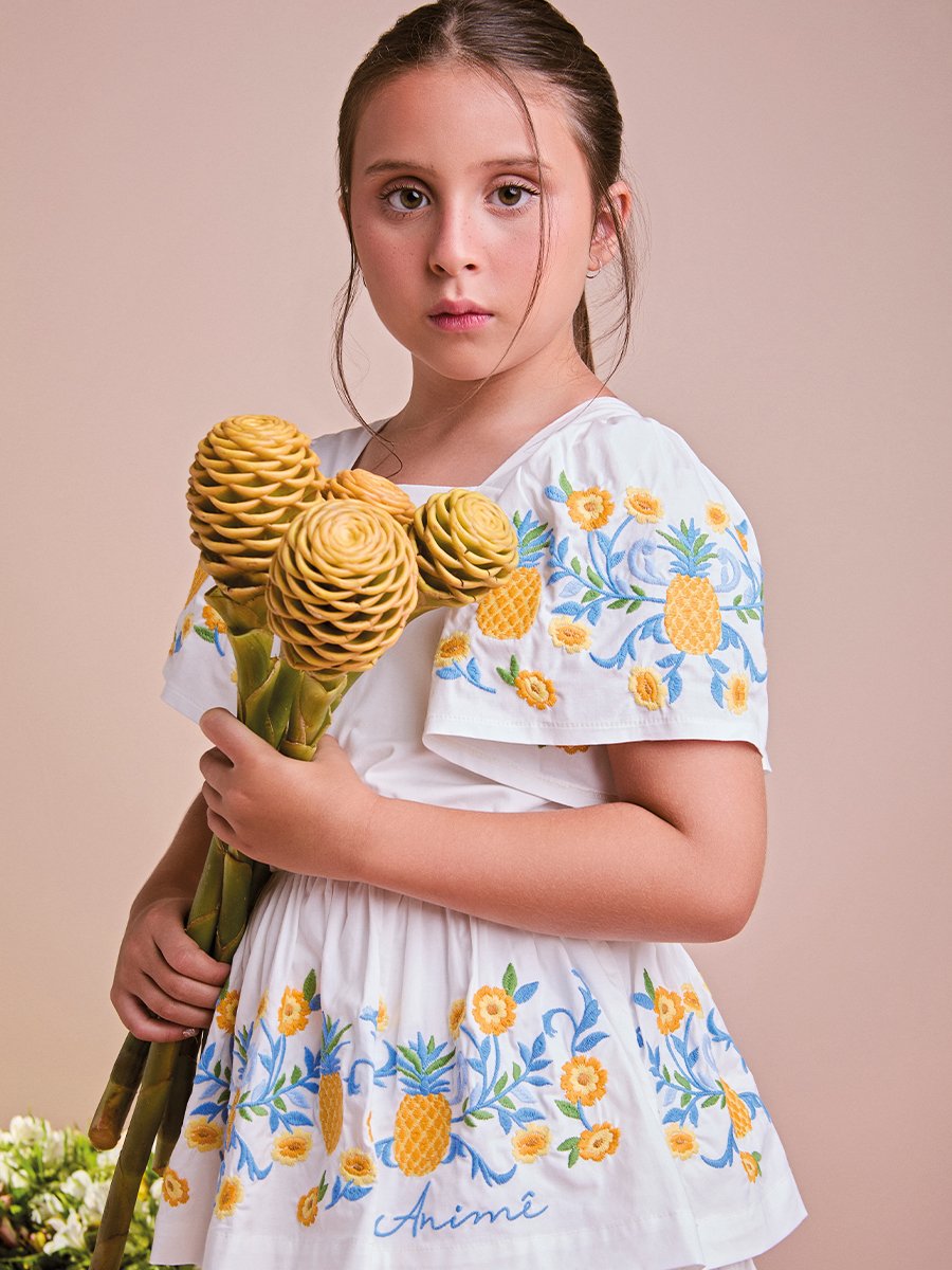 White Dress with Tropical Embroidery