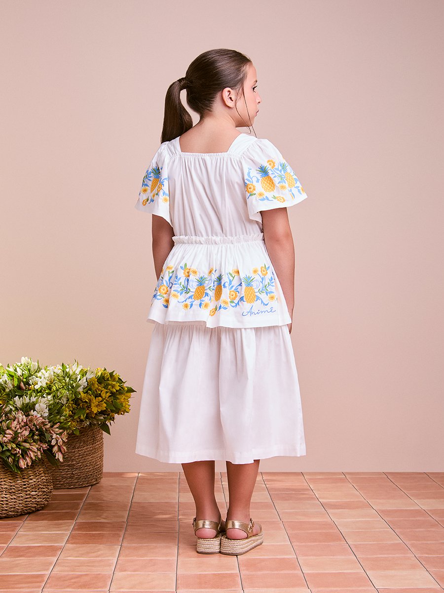White Dress with Tropical Embroidery