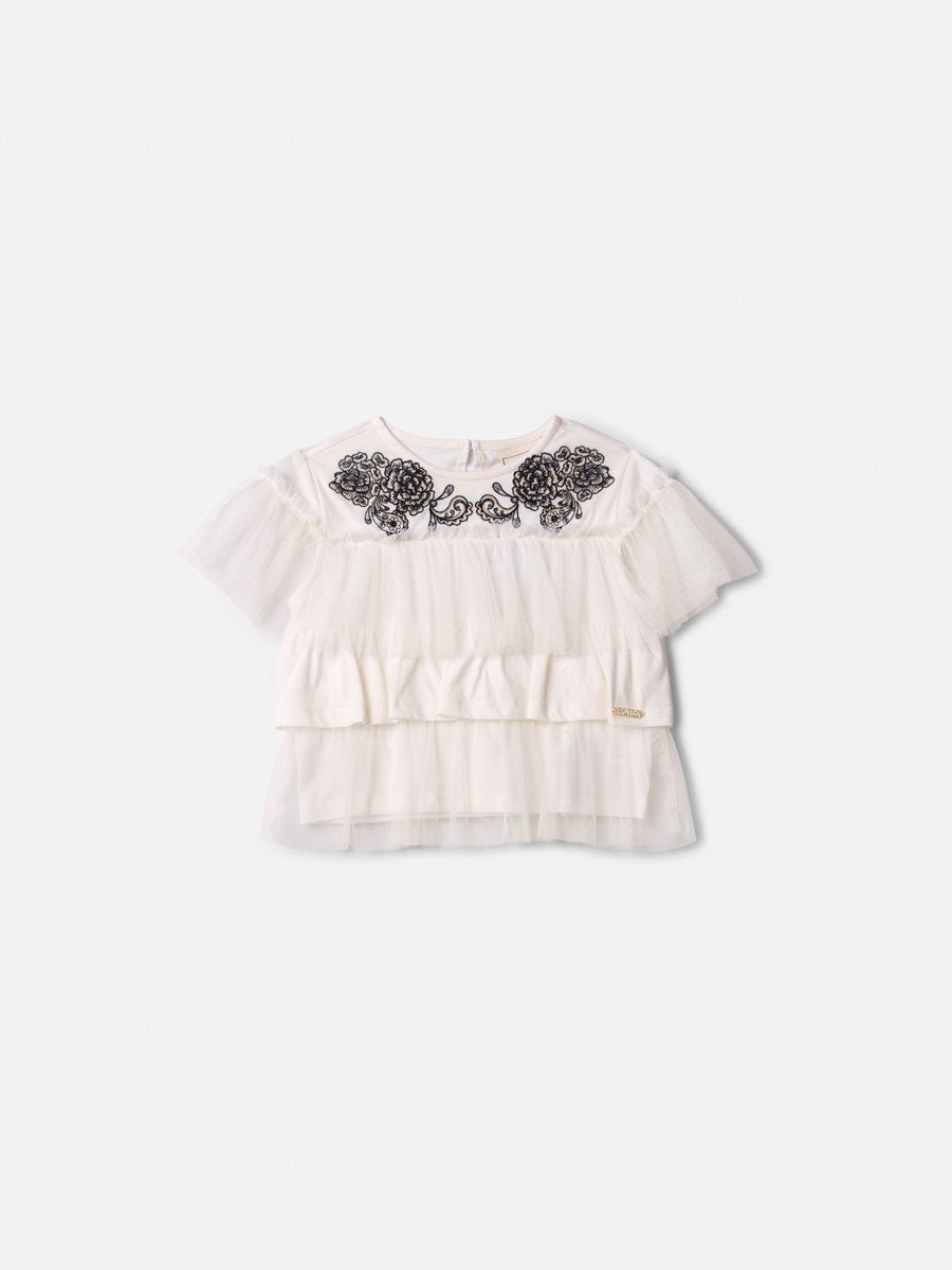 Girls' Anime Top with Floral Embroidery
