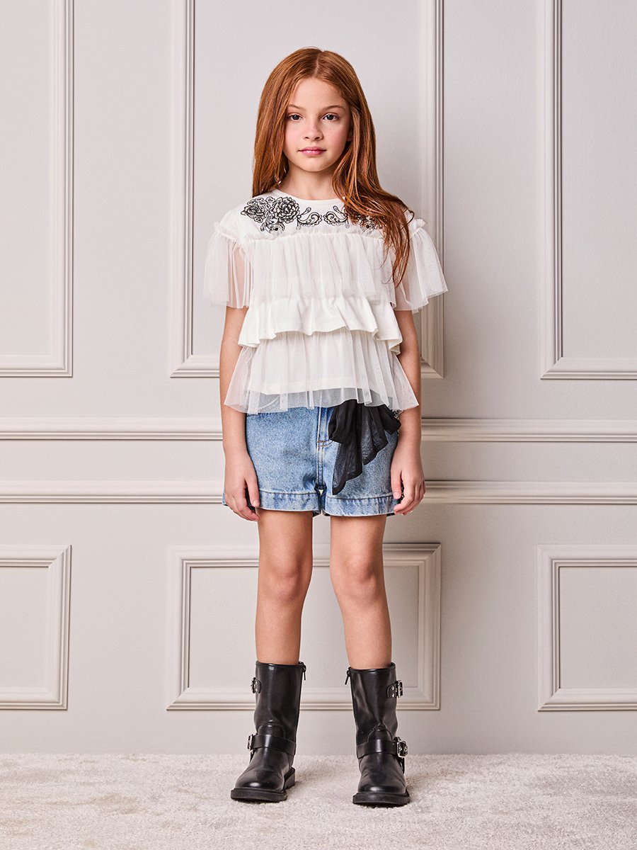Girls' Anime Top with Floral Embroidery