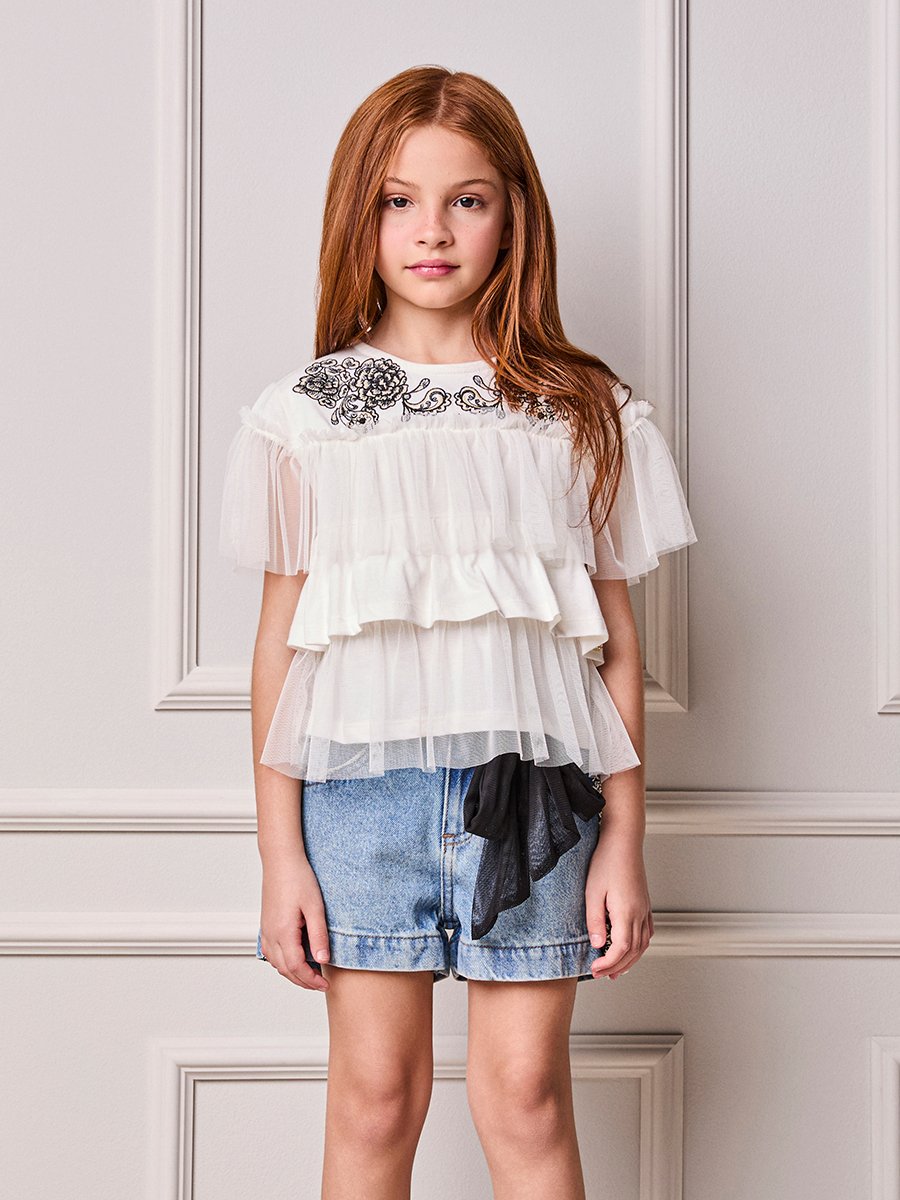 Girls' Anime Top with Floral Embroidery