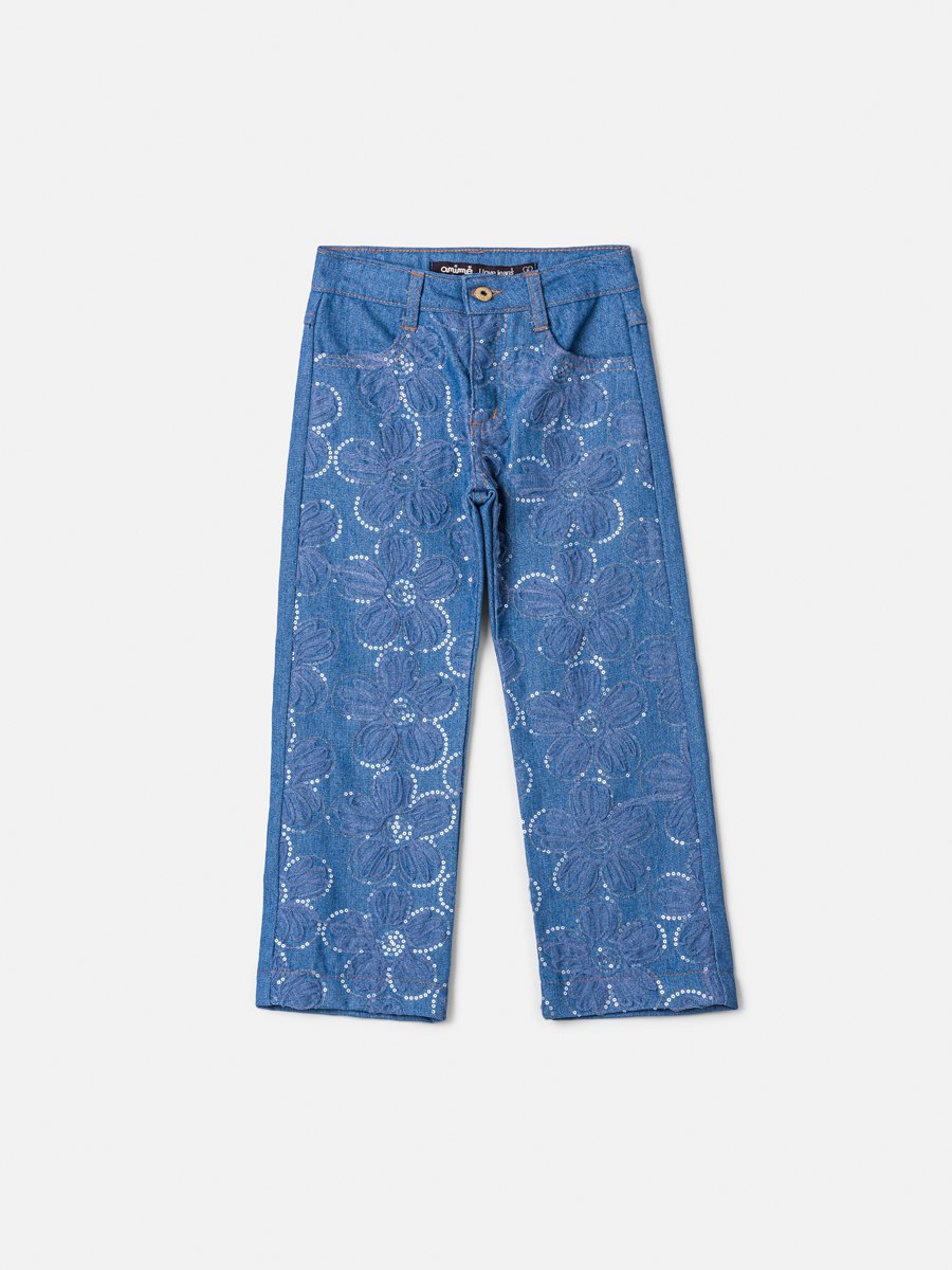 Girls' Anime Jeans with Sequin Floral Embroidery