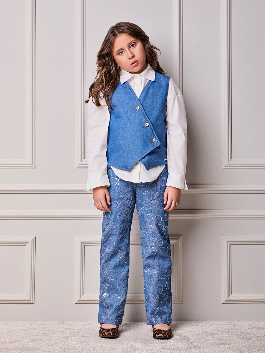 Girls' Anime Jeans with Sequin Floral Embroidery