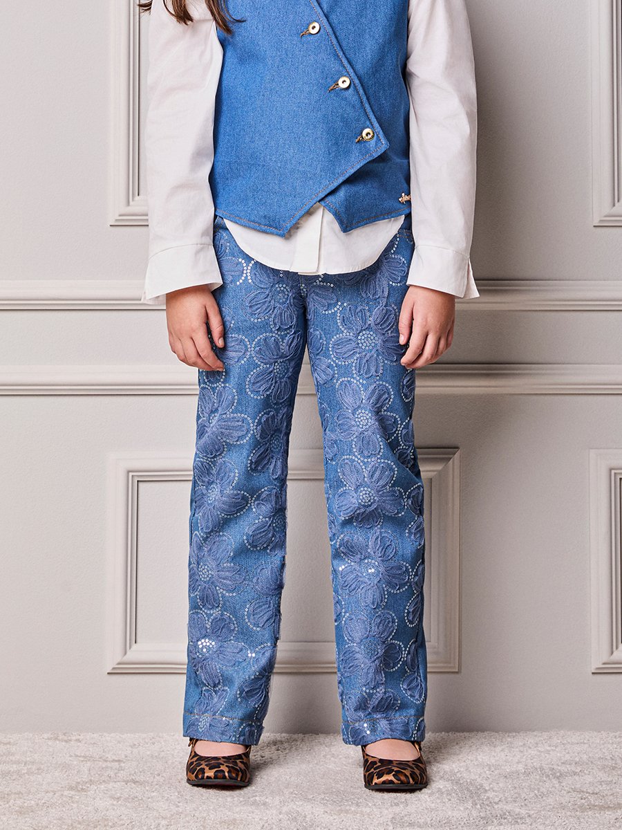 Girls' Anime Jeans with Sequin Floral Embroidery