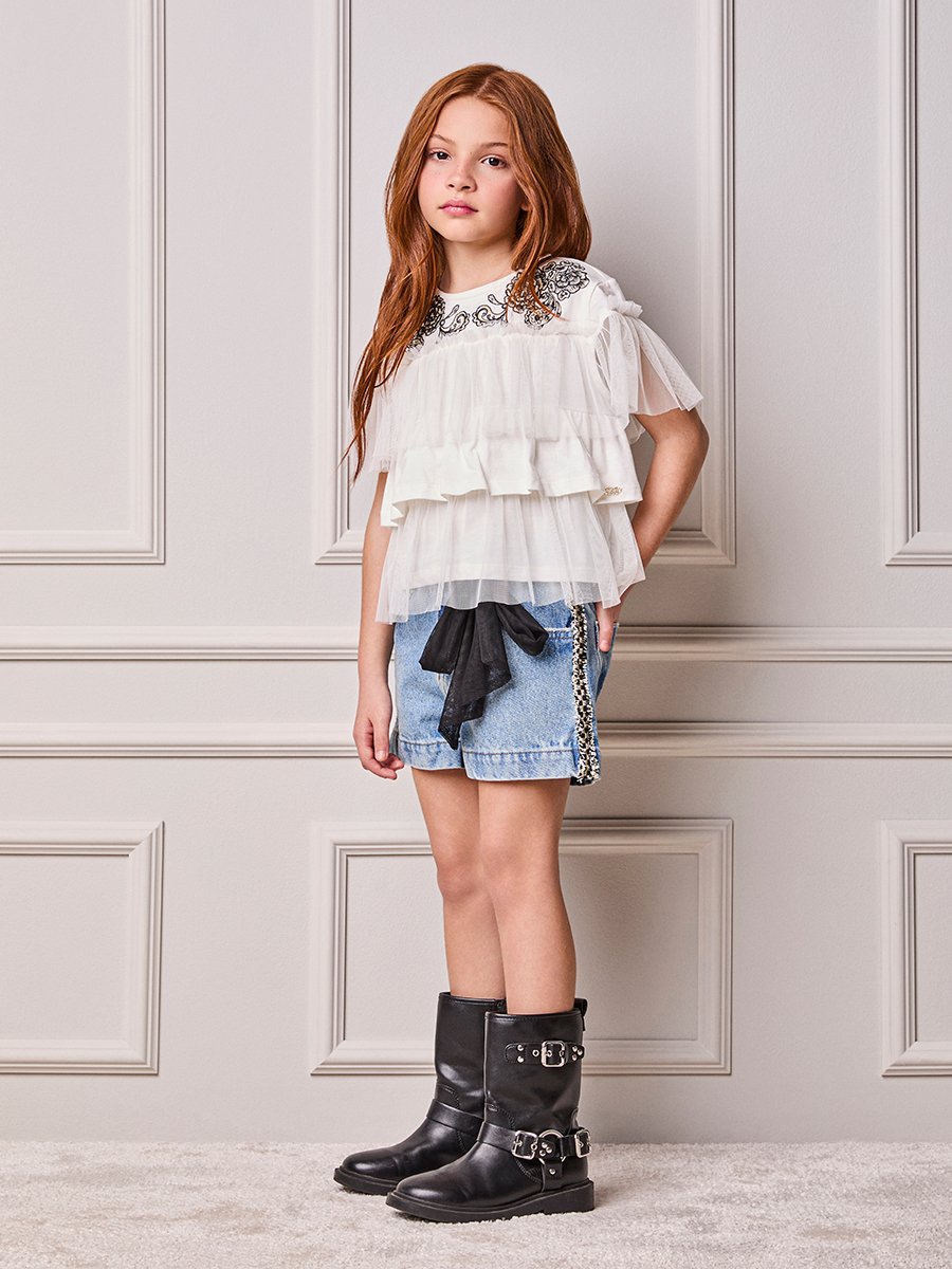Girls' Anime Jeans Shorts with Maxi Tulle Bow
