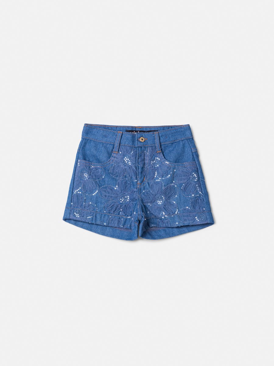 Girls' Anime Jeans Shorts with Sequin Floral Embroidery