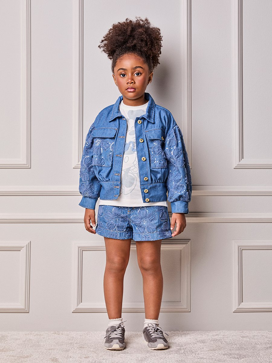 Girls' Anime Jeans Shorts with Sequin Floral Embroidery