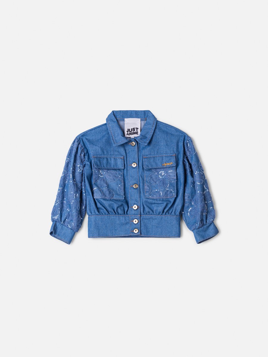 Girls' Anime Jeans Jacket with Sequin Floral Embroidery