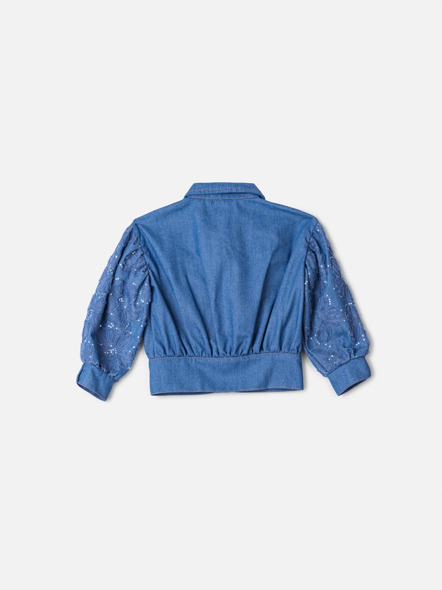 Girls' Anime Jeans Jacket with Sequin Floral Embroidery